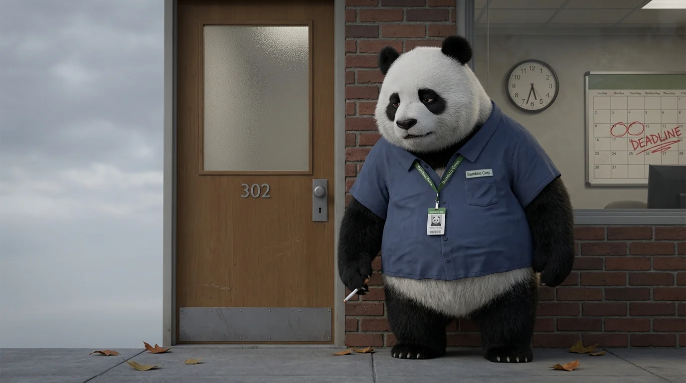 Panda robusto parado fuera de una oficina con un cigarro sin encender, mirando el reloj, representando el vínculo entre estrés laboral y tabaco.
