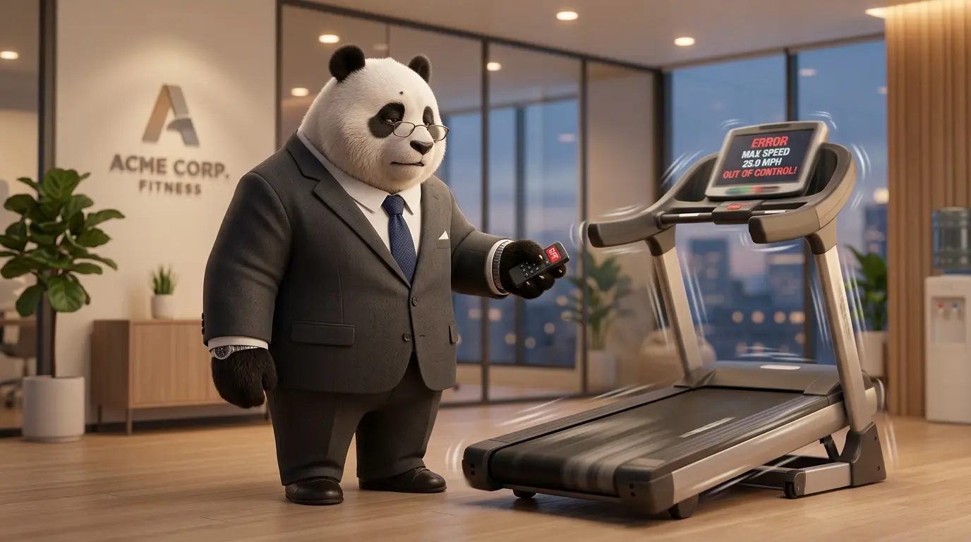 Panda ejecutivo robusto apagando una caminadora que gira fuera de control, representando la detención del esfuerzo desmedido.