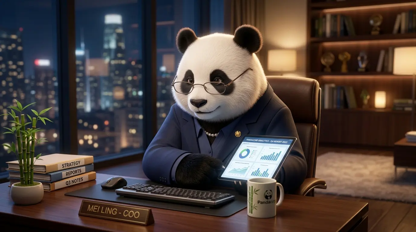 Panda ejecutiva robusta trabajando con enfoque y orden, simbolizando la disciplina por encima de la intensidad caótica.