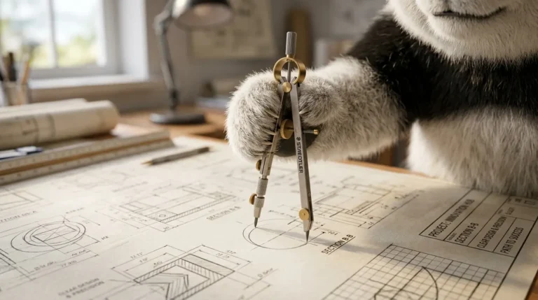Pata de panda usando un compás sobre un plano técnico, representando la precisión y estrategia en el trabajo.