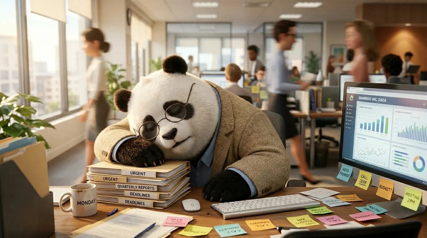Un panda robusto de aspecto profesional y cansado apoyando la frente sobre una pila de carpetas en su escritorio, rodeado de un entorno de oficina caótico.