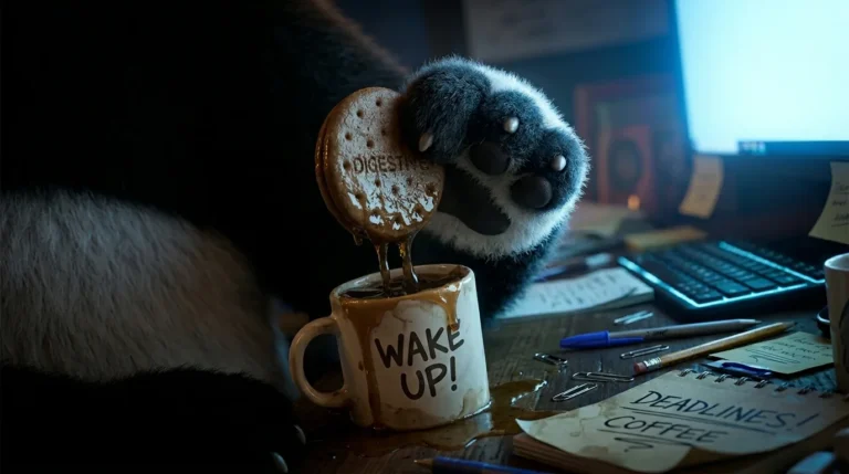 Pata de panda sosteniendo una galleta mojada sobre una taza de café rebosante, en un plano inclinado que evoca desorganización y cansancio mental.