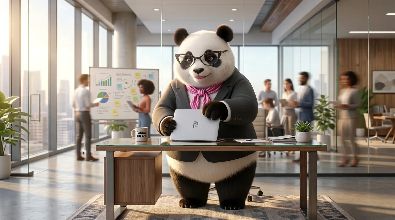 Una panda ejecutiva cerrando con determinación su computadora portátil en una oficina moderna, simbolizando la disciplina de finalizar la jornada.