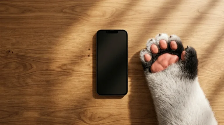Plano cenital de un teléfono apagado sobre un escritorio ordenado, con la pata de un panda descansando relajada al lado.