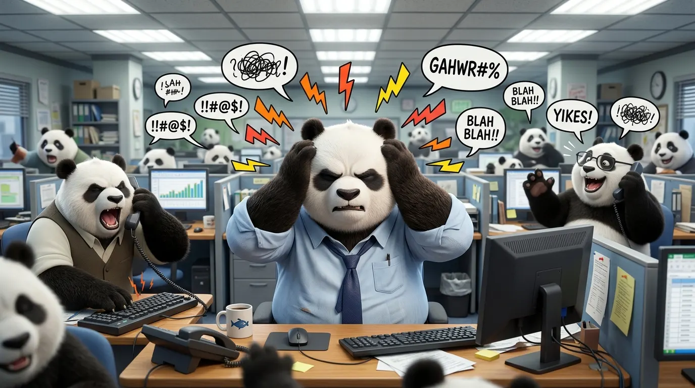 Panda robusto en oficina con manos sobre las orejas rodeado de ondas de sonido y burbujas de diálogo, representando la sobrecarga sensorial por contaminación auditiva laboral