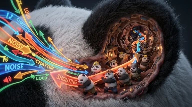 Primer plano de oreja de panda con ondas de sonido entrando como flechas, y pequeños pandas dentro luchando por filtrarlas, simbolizando el esfuerzo cognitivo de ignorar ruido