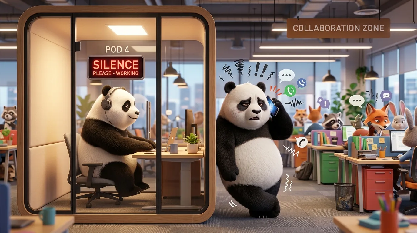 Dos pandas en oficina abierta, uno dentro de un cubículo silencioso tranquilo y otro fuera rodeado de ruido, comparando el impacto de la contaminación auditiva laboral