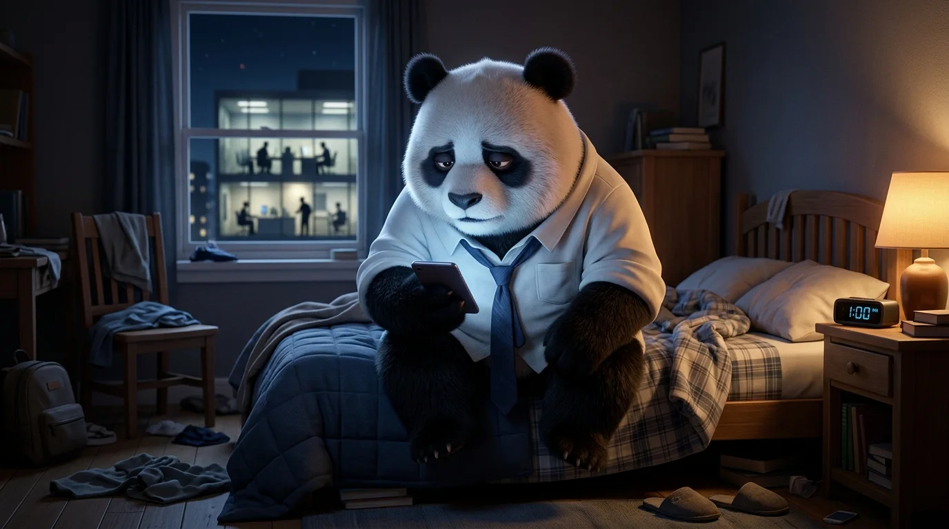 Panda agotado mirando el teléfono en la cama, simbolizando la dificultad para desconectar del trabajo al llegar a casa.