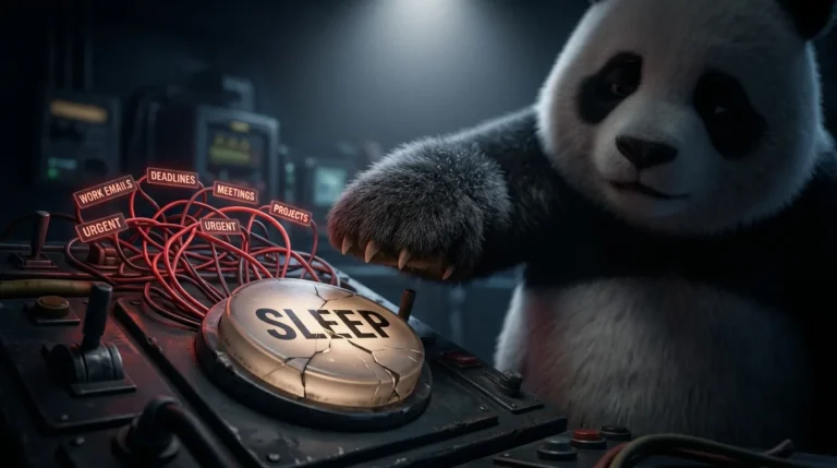 Pata de panda intentando presionar un botón de dormir atascado con cables de trabajo, representando la dificultad de apagar la mente después de la jornada.