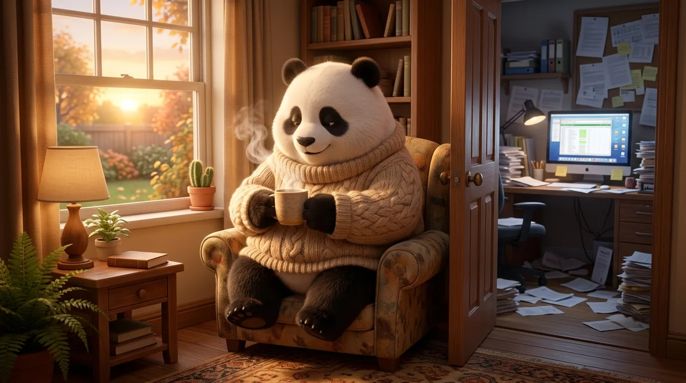 Panda relajado en casa ignorando el caos de la oficina al fondo, representando la desconexión activa del trabajo.