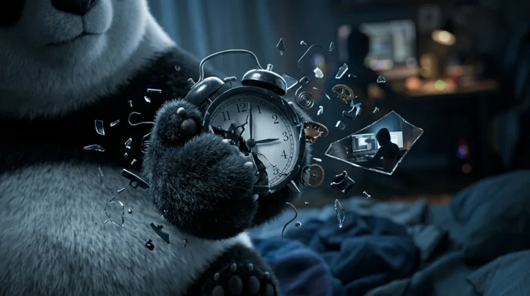 Pata de panda sosteniendo un despertador roto a las 3 AM, simbolizando el fracaso del descanso cuando el trabajo invade la noche.
