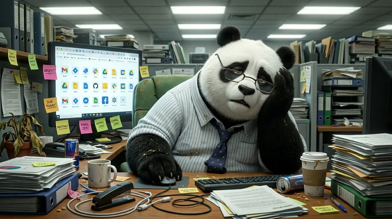 Panda robusto en escritorio extremadamente desordenado con expresión de agotamiento, representando el costo cognitivo del estrés visual laboral