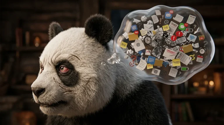 Perfil de cabeza de panda con burbuja de pensamiento llena de objetos flotando, simbolizando la sobrecarga mental por desorden visual