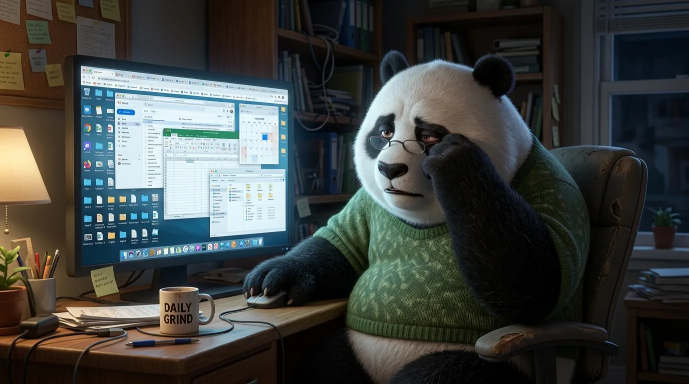 Panda frente a computadora con pantalla llena de pestañas y ventanas abiertas, expresión abrumada, representando el desorden digital como fuente de estrés