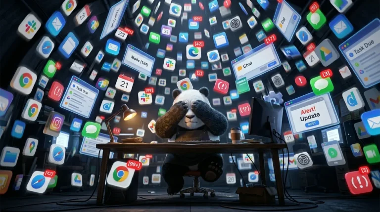 Panda visto desde abajo con elementos visuales cayendo sobre él como objetos pesados, simbolizando el peso cognitivo del desorden digital laboral
