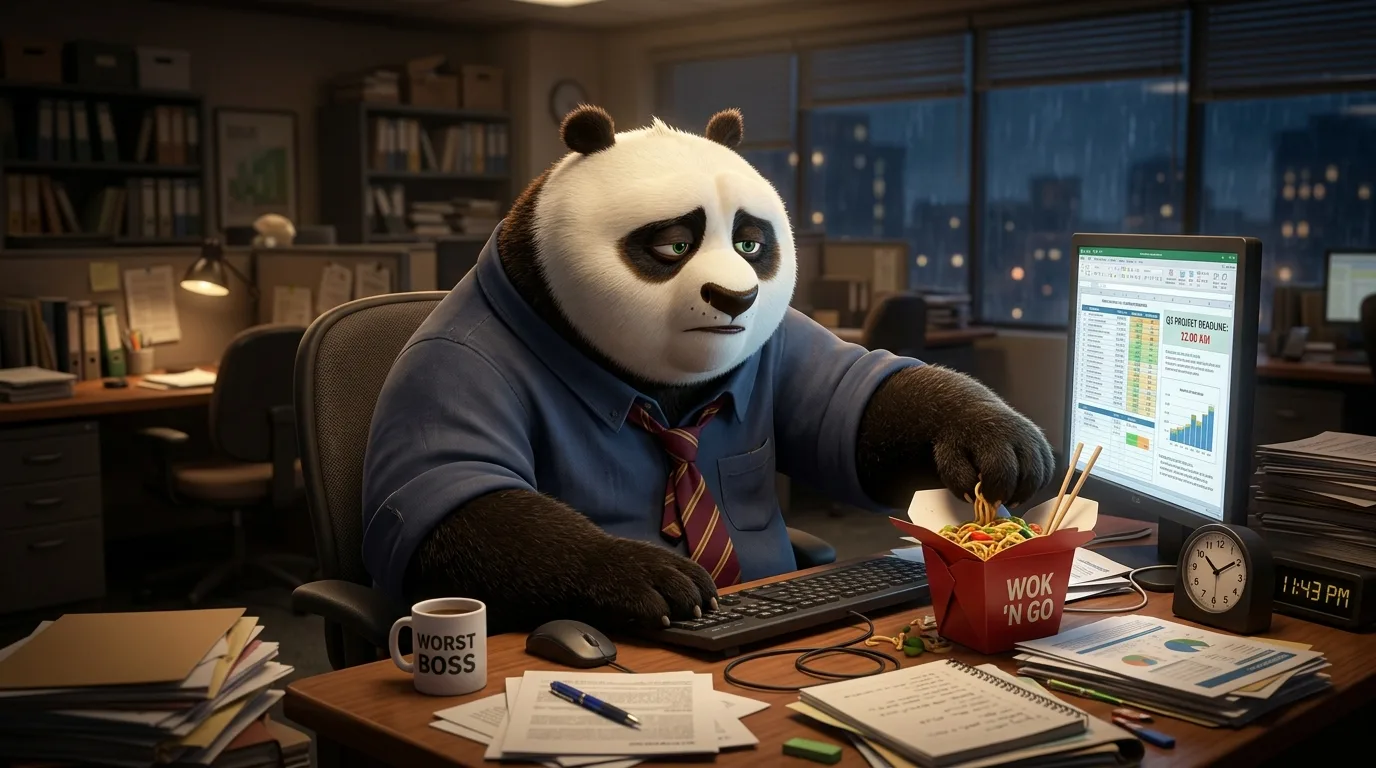 Panda robusto comiendo comida rápida frente al ordenador en una oficina desordenada, representando la relación entre estrés laboral y hábitos alimenticios