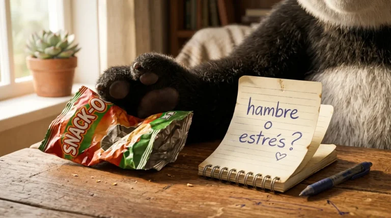 Pata de panda sosteniendo un envoltorio de snack junto a una libreta con la frase hambre o estrés, simbolizando la necesidad de distinguir entre hambre real y emocional