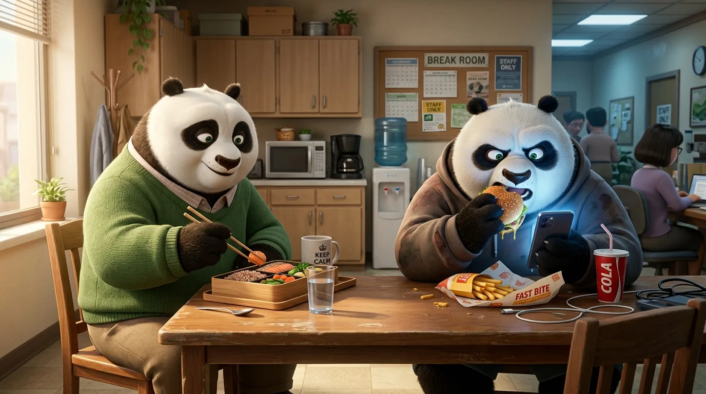 Dos pandas en una sala de descanso de oficina, uno comiendo despacio y otro comiendo rápido frente al teléfono, representando dos relaciones diferentes con la comida bajo estrés laboral