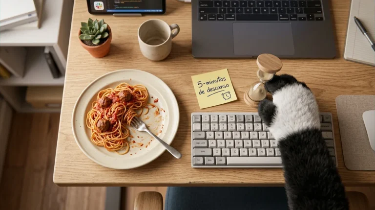 Vista cenital de un escritorio de oficina con comida a medio terminar, un reloj de arena y una nota que dice pausa de 5 minutos, simbolizando la importancia de separar la pausa de la comida