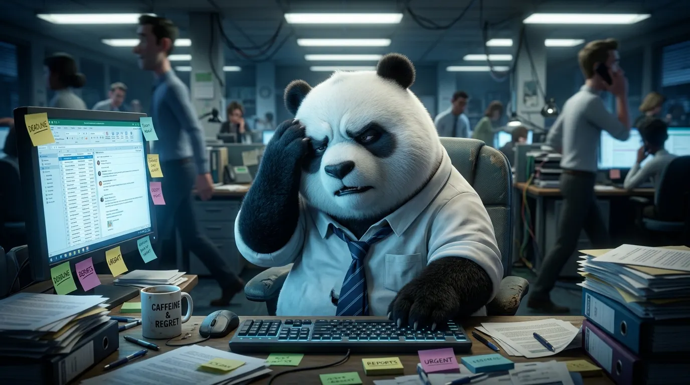 Panda en oficina con expresión de agotamiento, rodeado de trabajo y caos, representando el desgaste del burnout