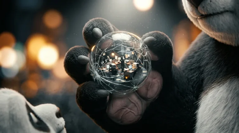 Pata de panda sosteniendo una esfera de cristal agrietada con una oficina en su interior, simbolizando la fragilidad del límite entre vida y trabajo
