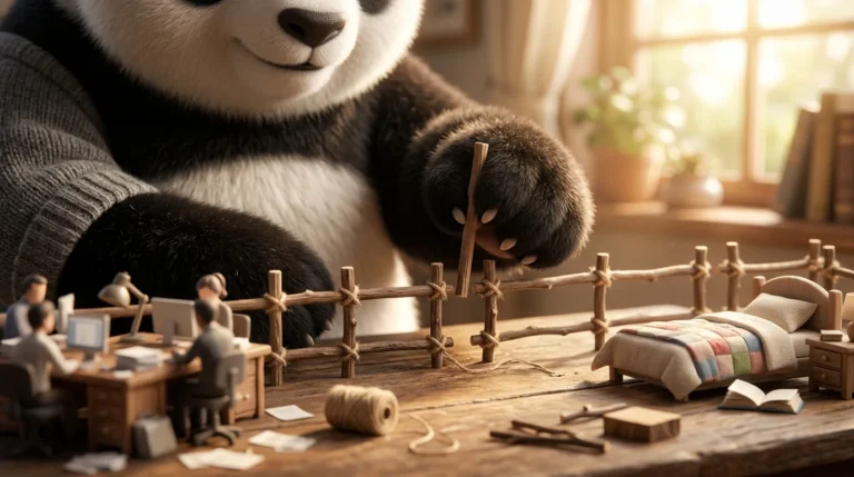 Pata de panda construyendo una cerca entre una oficina en miniatura y un hogar, simbolizando los límites entre trabajo y vida personal.
