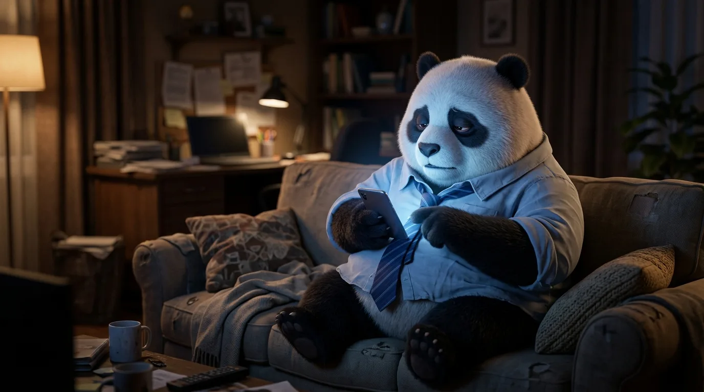 Panda agotado scrolleando el teléfono en el sofá después del trabajo, con expresión vacía y mirada perdida