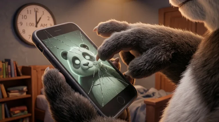 Pata de panda sosteniendo un teléfono con la pantalla agrietada reflejando una versión zombie de sí mismo, simbolizando cómo el scroll nos desconecta de nosotros mismos.