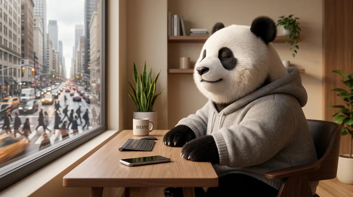 Panda en su oficina eligiendo no tomar el teléfono y respirando profundamente, representando la decisión consciente de no scrollear.