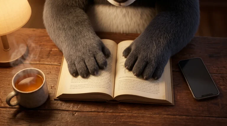 Pata de panda sobre un libro abierto junto a un teléfono apagado, simbolizando la elección del descanso real sobre la sobrecarga digital.