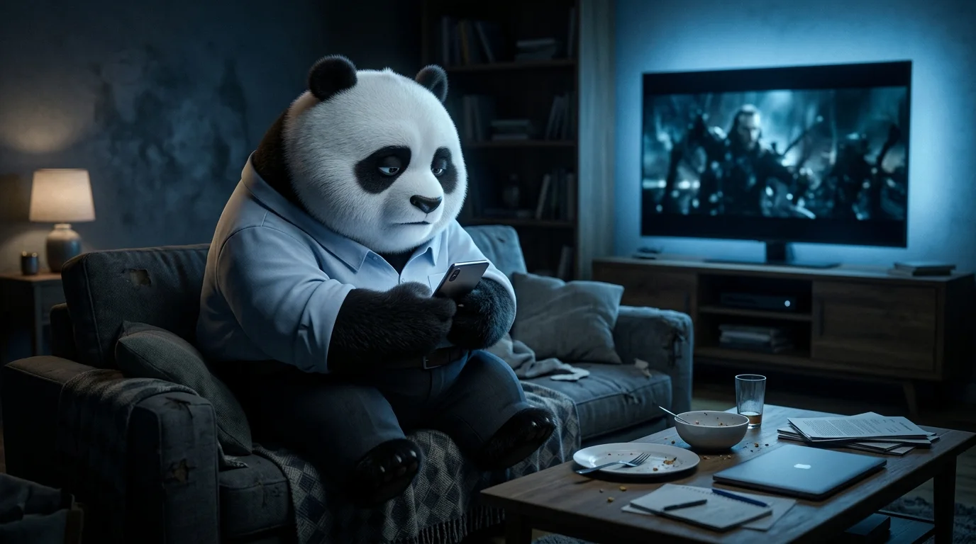 Panda en casa mirando el móvil frente a la tele, sin mostrar emoción, representando la desconexión del placer y la anhedonia