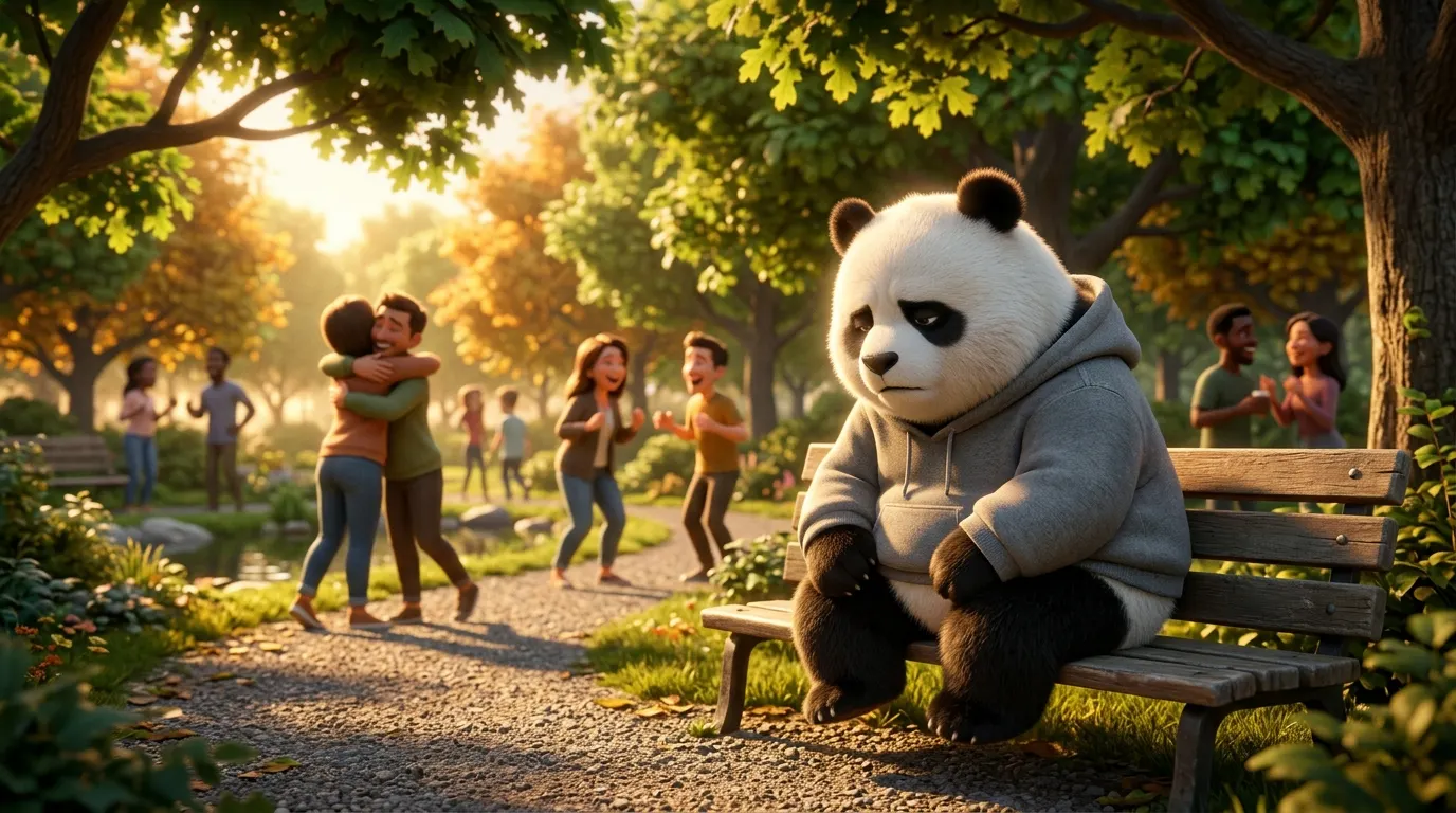 Panda sola en un parque lleno de vida, mirando al suelo, representando la desconexión social y emocional de la anhedonia