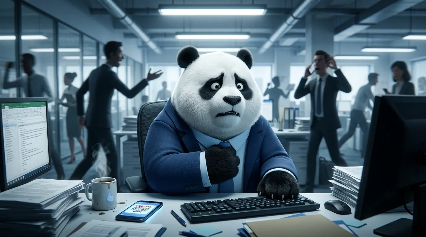 Panda en oficina con expresión de ansiedad, rodeado de caos, representando la presión laboral que genera malestar