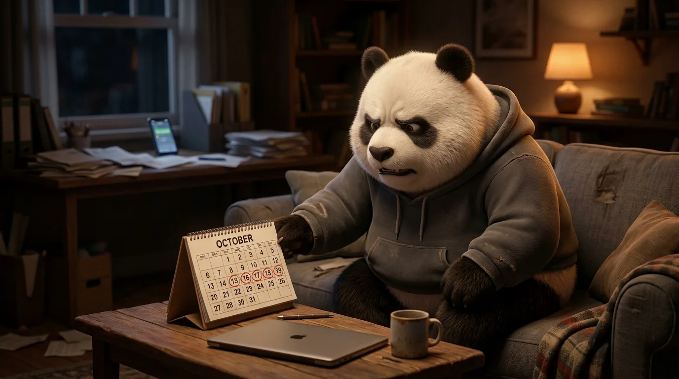 Panda en casa con expresión ansiosa a pesar de estar de vacaciones, representando que el descanso no basta para curar la ansiedad laboral