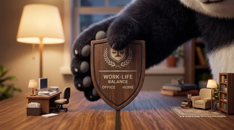 Pata de panda colocando un escudo de límites en una mesa, separando el trabajo del hogar, simbolizando la protección contra la ansiedad laboral.