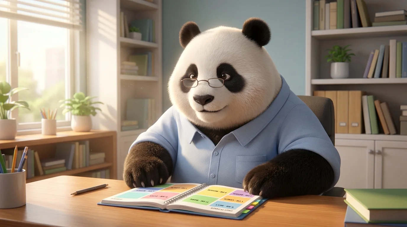 Panda revisando con calma un planificador dividido en bloques de tiempo, representando la organización como reductor de estrés