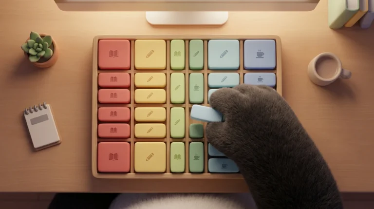 Vista cenital de una pata de panda organizando bloques de colores en una cuadrícula, simbolizando la estructura del tiempo para reducir el estrés