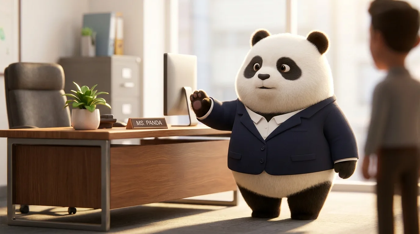 Panda ejecutiva estableciendo un límite firme y calmado ante una interrupción, representando la disciplina de proteger el tiempo