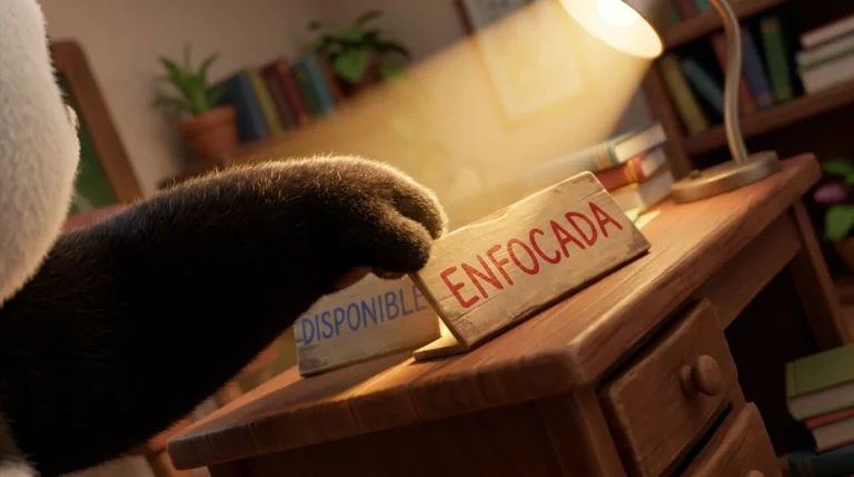 Pata de panda cambiando un letrero de escritorio a "enfocada", representando la disciplina de proteger los bloques de tiempo de trabajo.