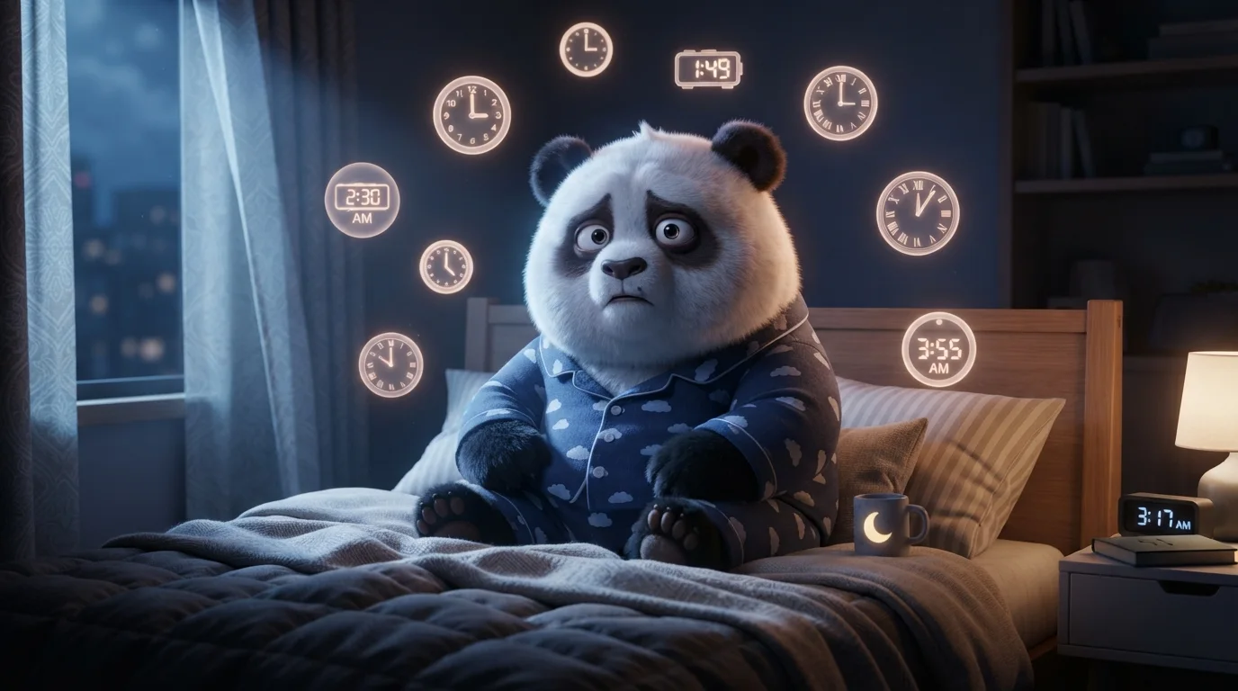 Panda adulto despierto en la cama de noche rodeado de relojes flotantes, representando el insomnio causado por la ansiedad.