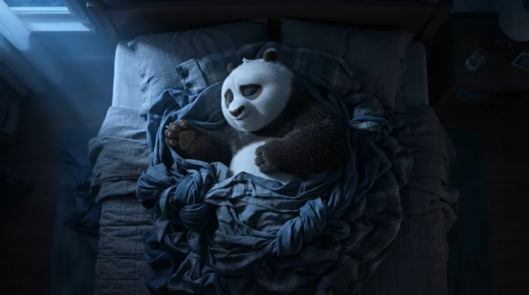 Vista cenital de un panda enredado en sábanas con forma de nudos, simbolizando la tensión física que provoca el insomnio por ansiedad.