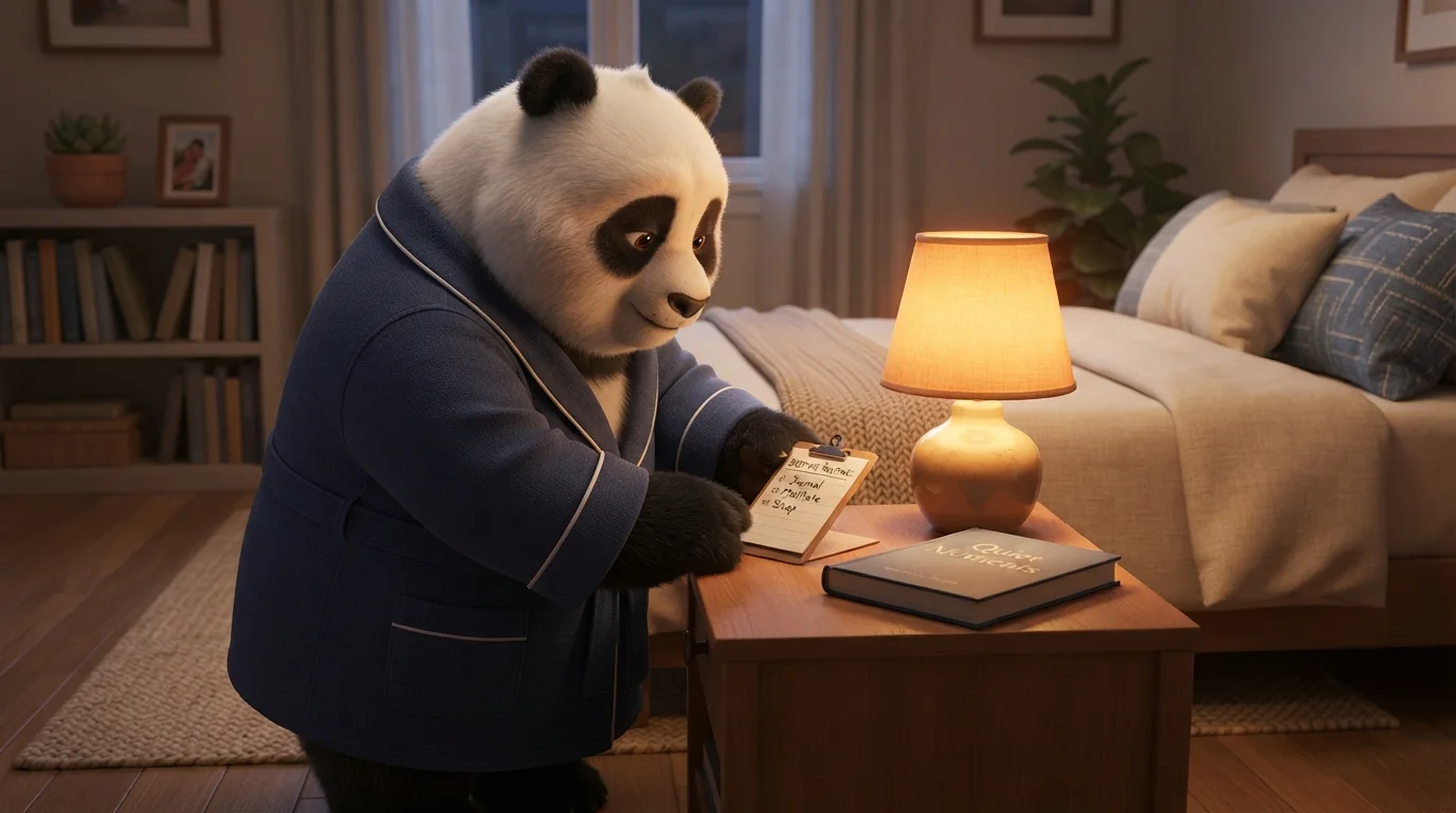 Panda ejecutiva ordenando su rutina nocturna junto a una lámpara cálida, representando la disciplina como herramienta contra el insomnio.