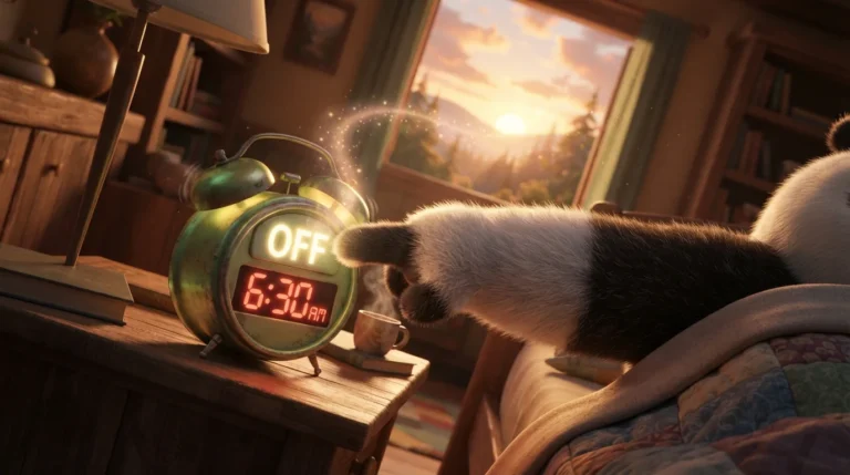 Pata de panda apagando un despertador con luz cálida al fondo, representando la constancia de horarios como hábito contra la ansiedad nocturna.