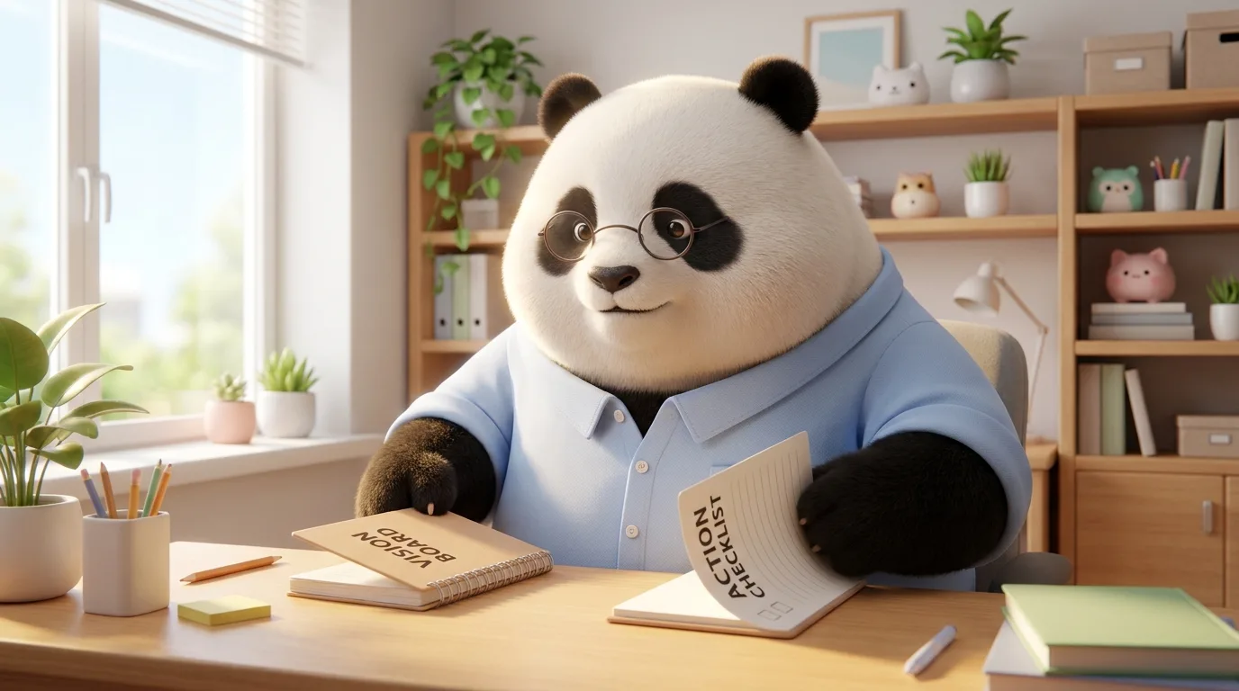 Panda cerrando un tablero de visualización y abriendo una lista de acciones concretas, representando el paso del deseo a la acción