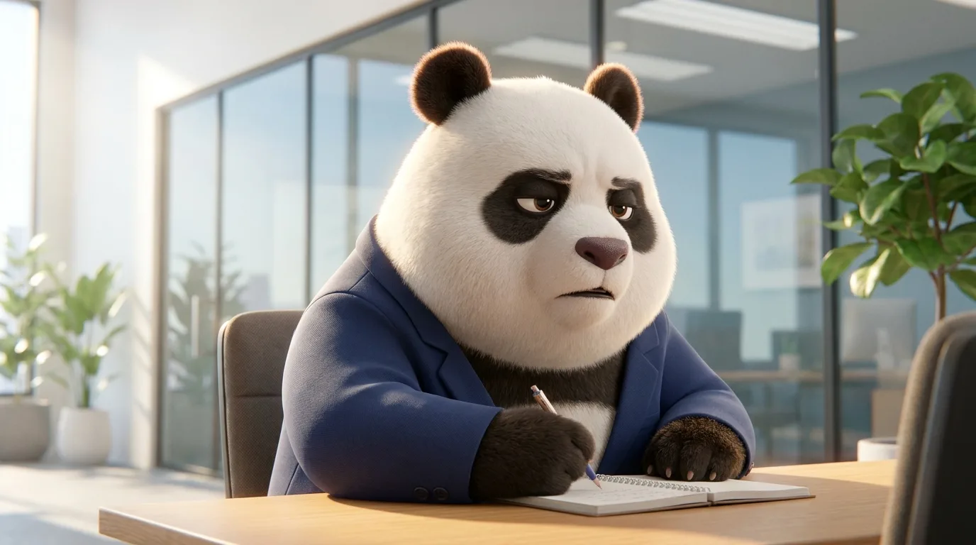 Panda ejecutiva comenzando una tarea pequeña a pesar del cansancio, representando la disciplina de actuar sin esperar motivación