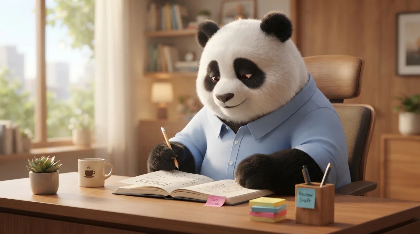 Panda trabajando con calma frente a un escritorio ordenado con solo tres notas, representando la productividad sin estrés