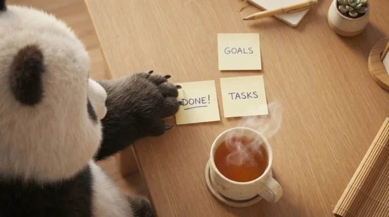 Vista cenital de una pata de panda organizando tres notas de prioridades junto a una taza de té, simbolizando el enfoque sereno en el trabajo
