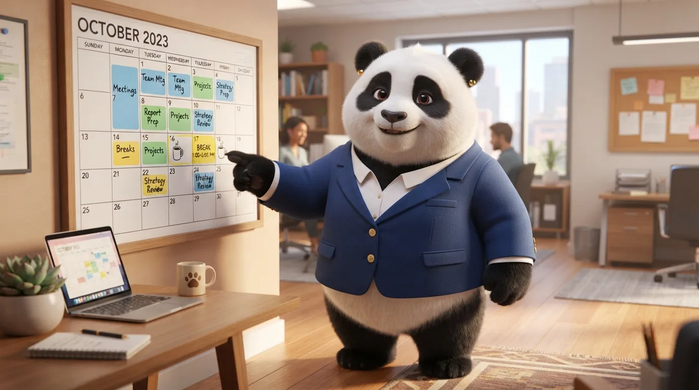 Panda ejecutiva señalando un bloque de descanso marcado en un calendario de pared, representando la disciplina de planificar pausas.
