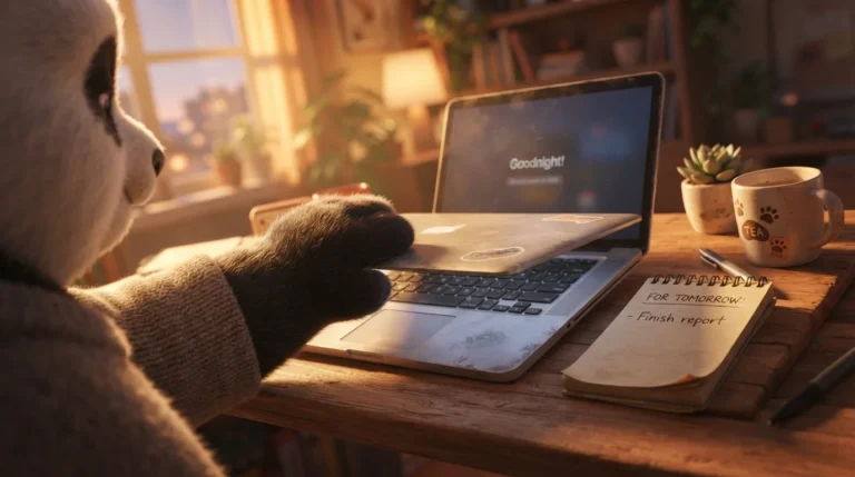 Pata de panda cerrando la laptop junto a una nota con la tarea del día siguiente, representando el cierre disciplinado de la jornada laboral.