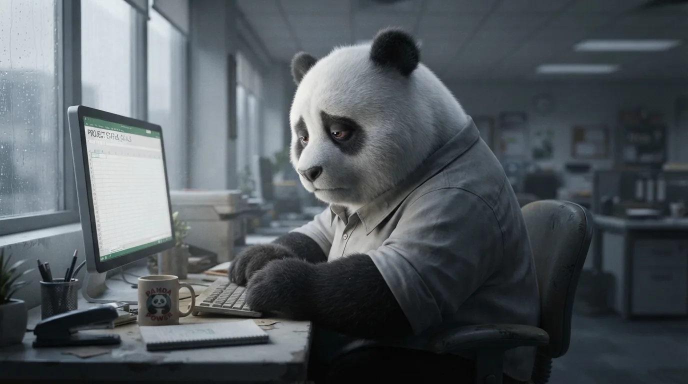 Panda adulto con mirada perdida frente a la computadora, representando el vacío emocional de la depresión laboral